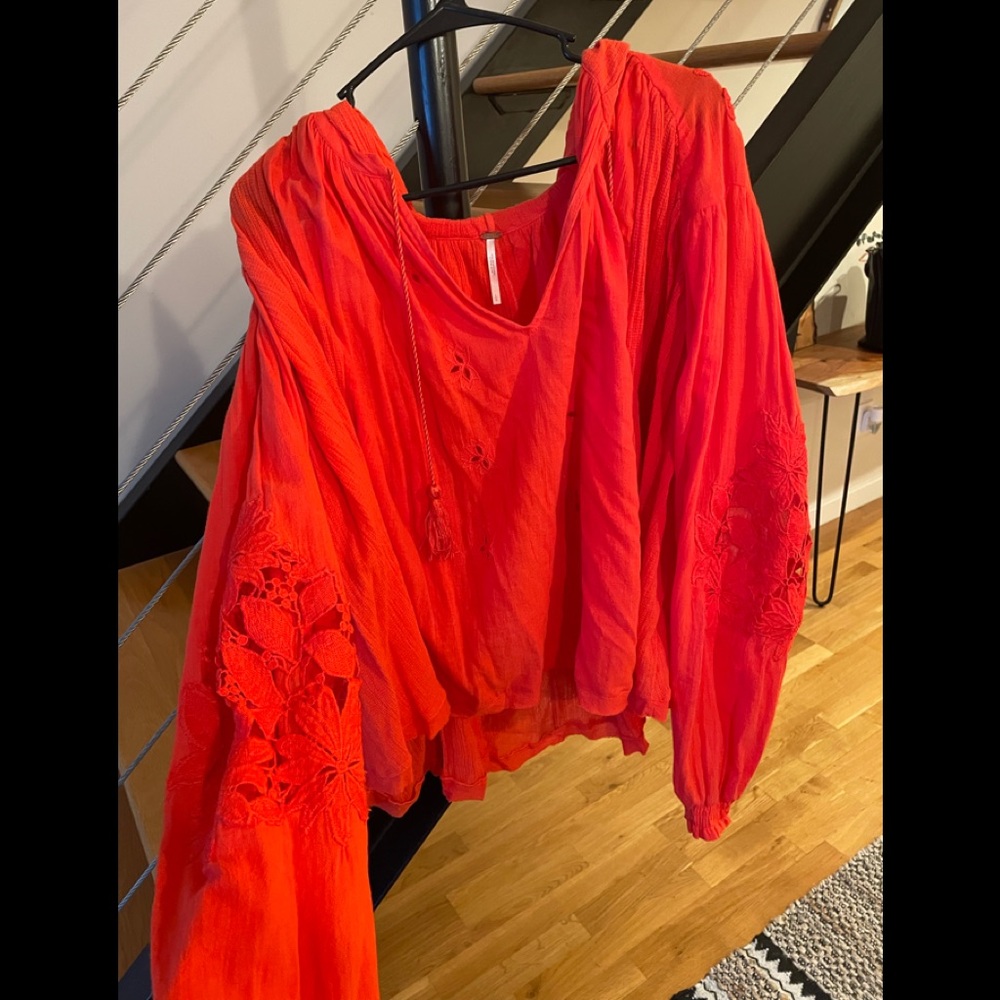 Free People Vibrant Red Lace Blouse